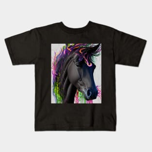 Black horse head with flowing mane with watercolor elements Kids T-Shirt